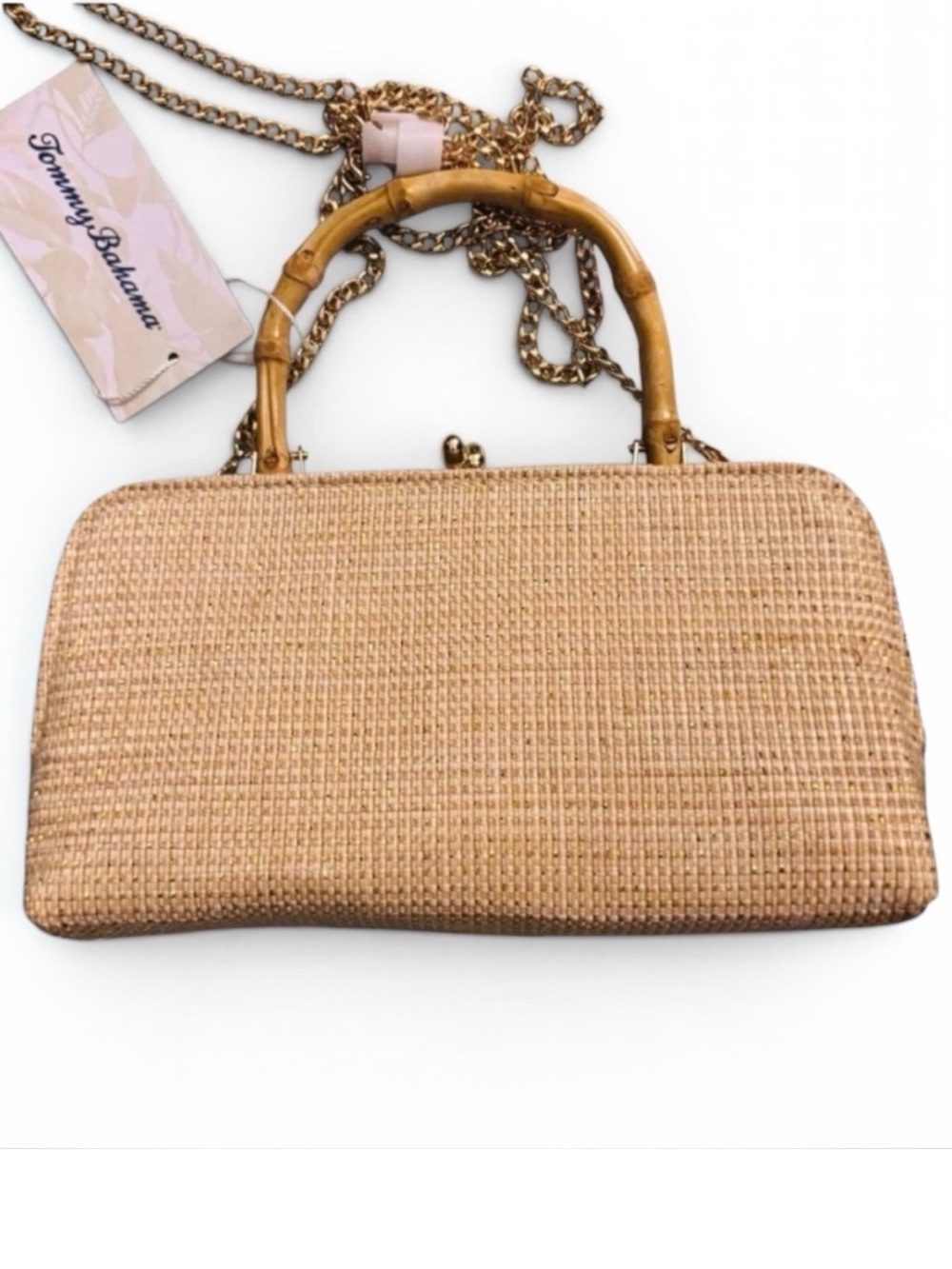 NEW Tommy Bahama Crossbody Clutch Kiss-Lock Bag Natural Bamboo Handle Chain Stra